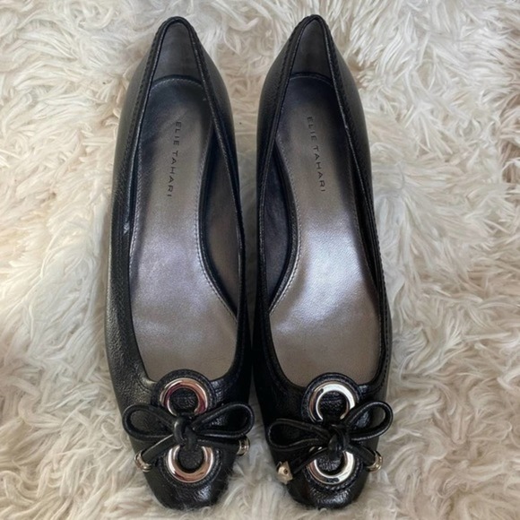 Elie Tahari Shoes - 𝅺elie Tahari Black Bow Silver Accent Kitten Flat Heel Size 7.5